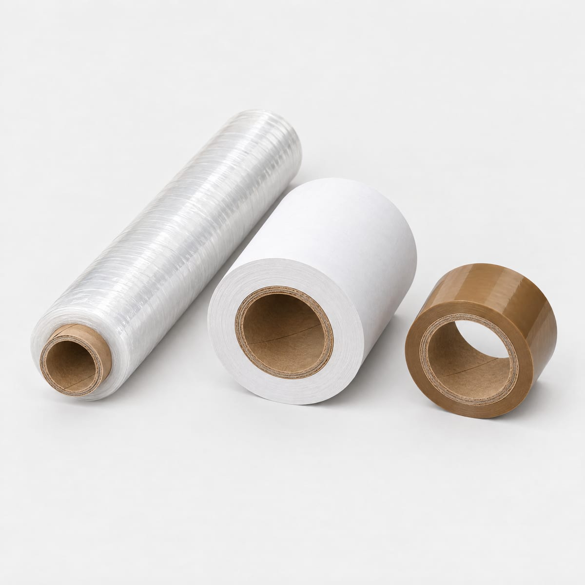 Three paper cores: under a film roll, under a paper reel and cut with a roll of adhesive tape