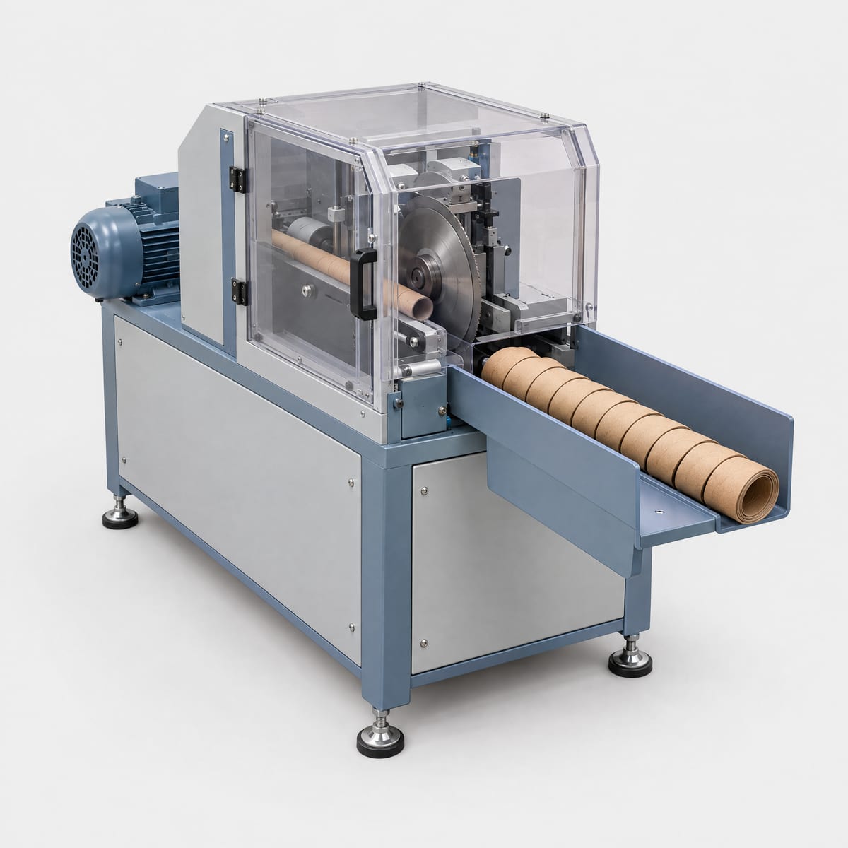 Automatischer Hülsenschneider für Papphülsen in einer Produktionshalle