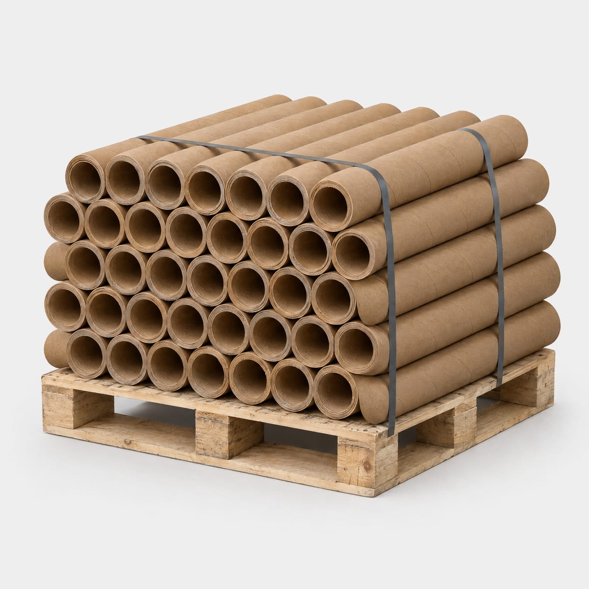 Palette de tubes en carton en rangs décalés, cerclée